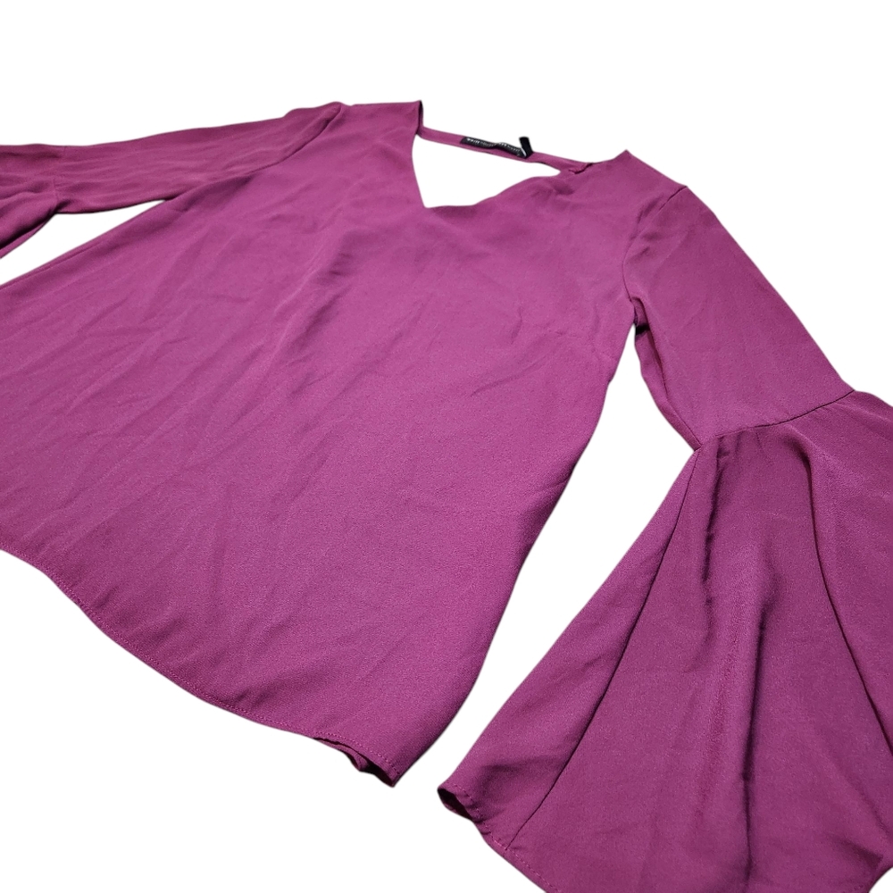 White House Black Market Dramatic Purple Bell Sleeve‎ Drape Back Blouse Top 6 M - Picture 6 of 15